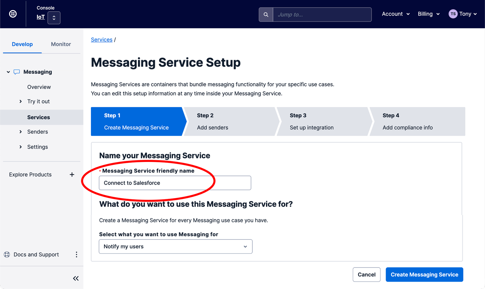 Twilio for Salesforce configure app — create message service.