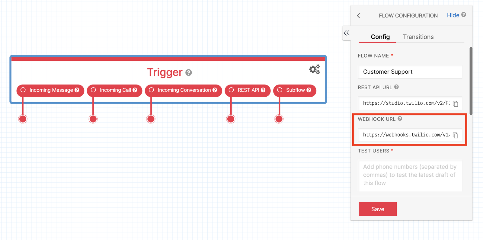 Twilio Studio Tutorial WhatsApp Customer Support Trigger Widget with webhook shown in configuration panel to the right.
