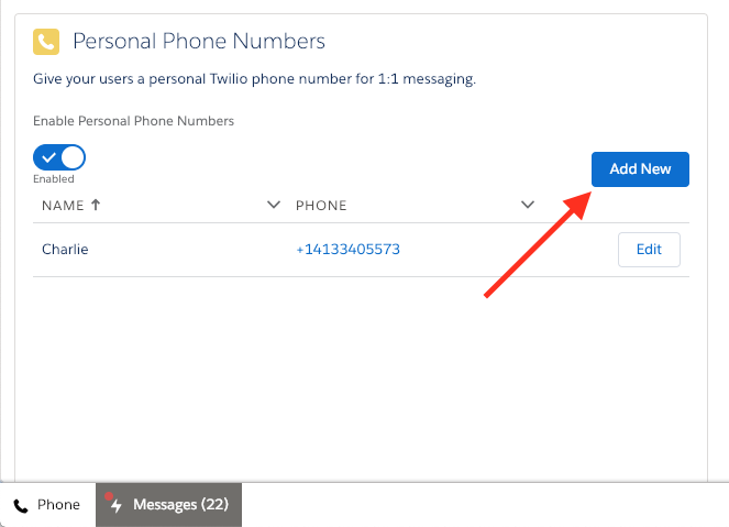 Add Personal Phone Numbers in Twilio for Salesforce.