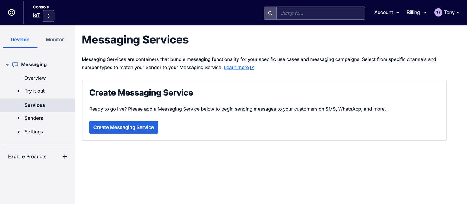 Twilio for Salesforce configure app — create message service.