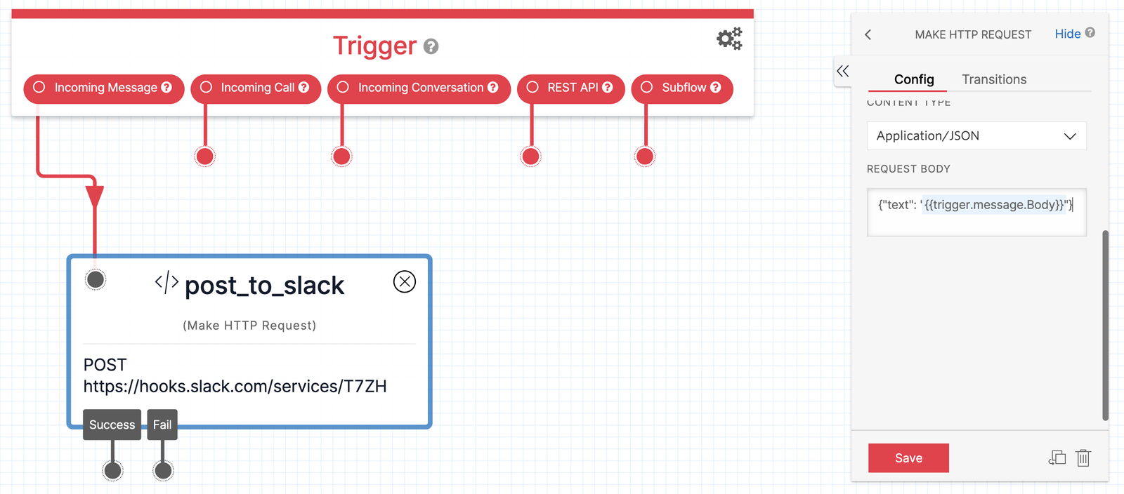Twilio Studio Tutorial Post to Slack HTTP Request Widget shown with Request Body Configuration.