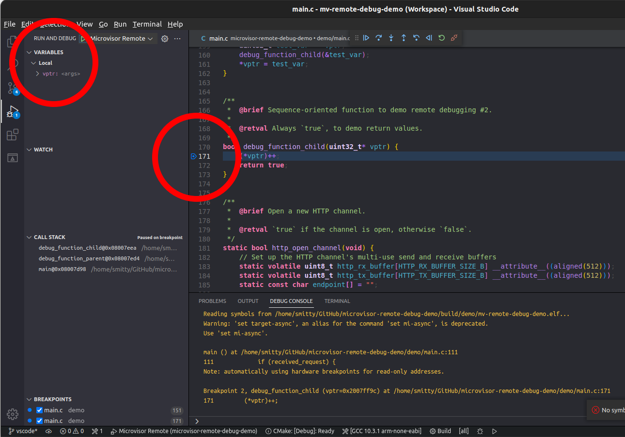 Microvisor Remote Debugging with VSCode: set breakpoints and check variables.