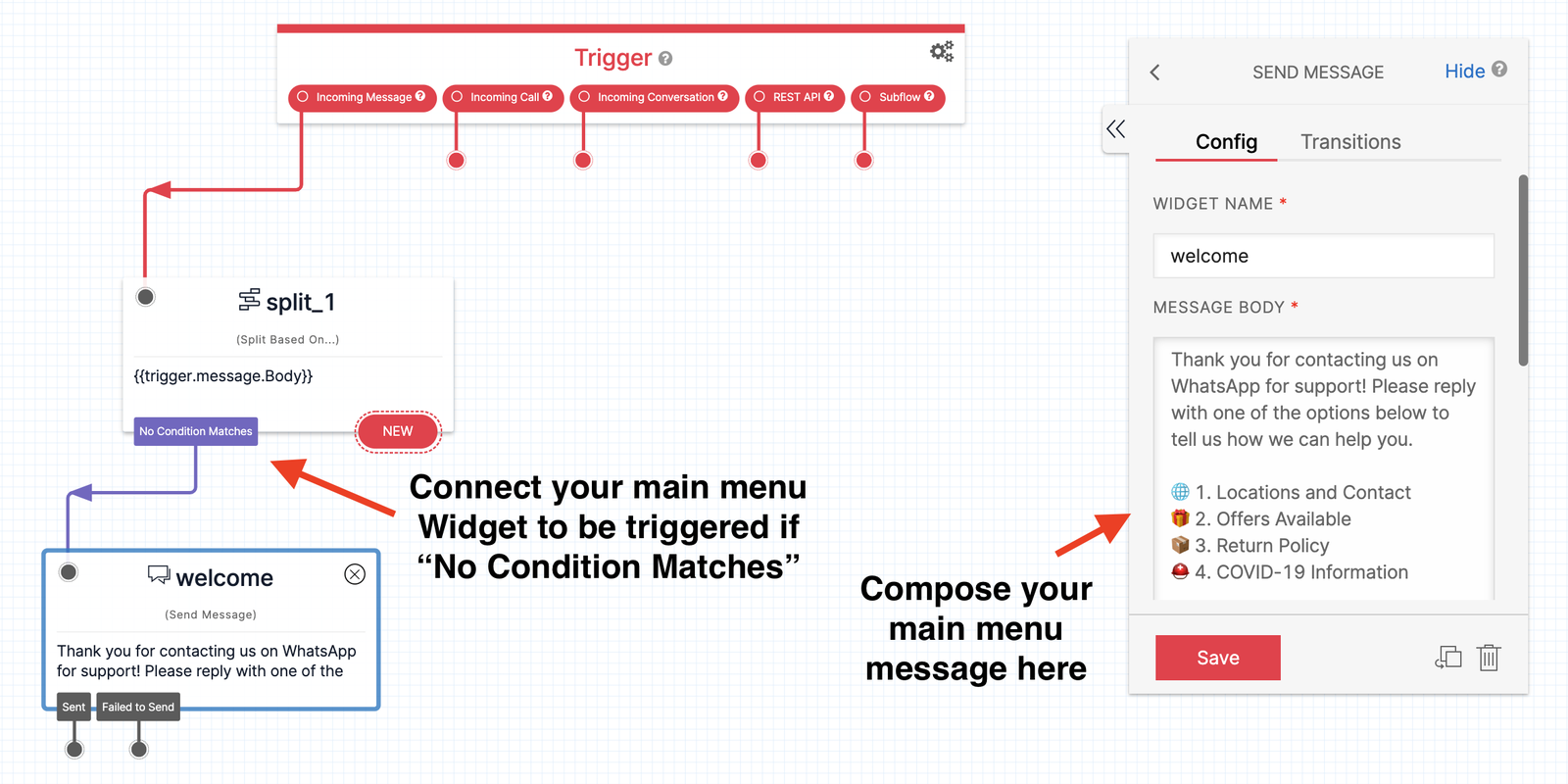 Twilio Studio Tutorial WhatsApp Customer Support Send Message Widget placed on Canvas with configuration panel shown on right with custom message.