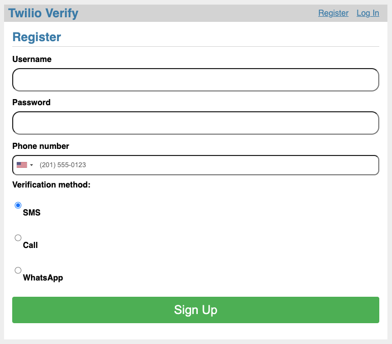 Twilio Verify Quickstart App registration page shows text input fields for Username, Password, Phone number, and radio button inputs for Verification method with choices SMS, Call, or WhatsApp.
