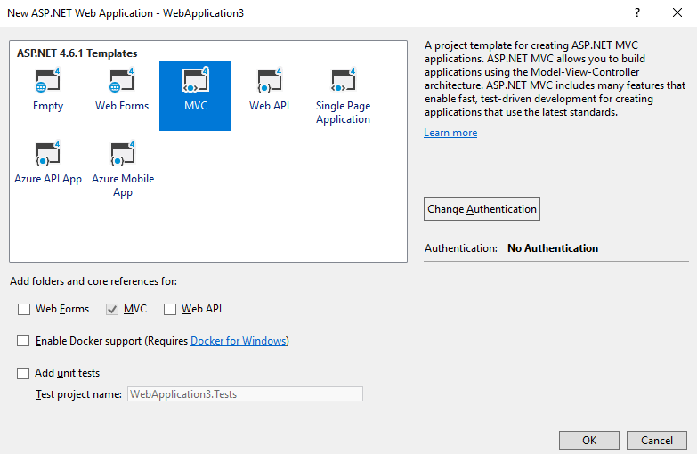 Visual Studio New ASP.NET Web Application (.NET Framework) - MVC.