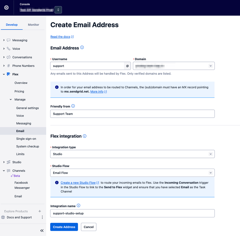 Email in Flex - Create email address.