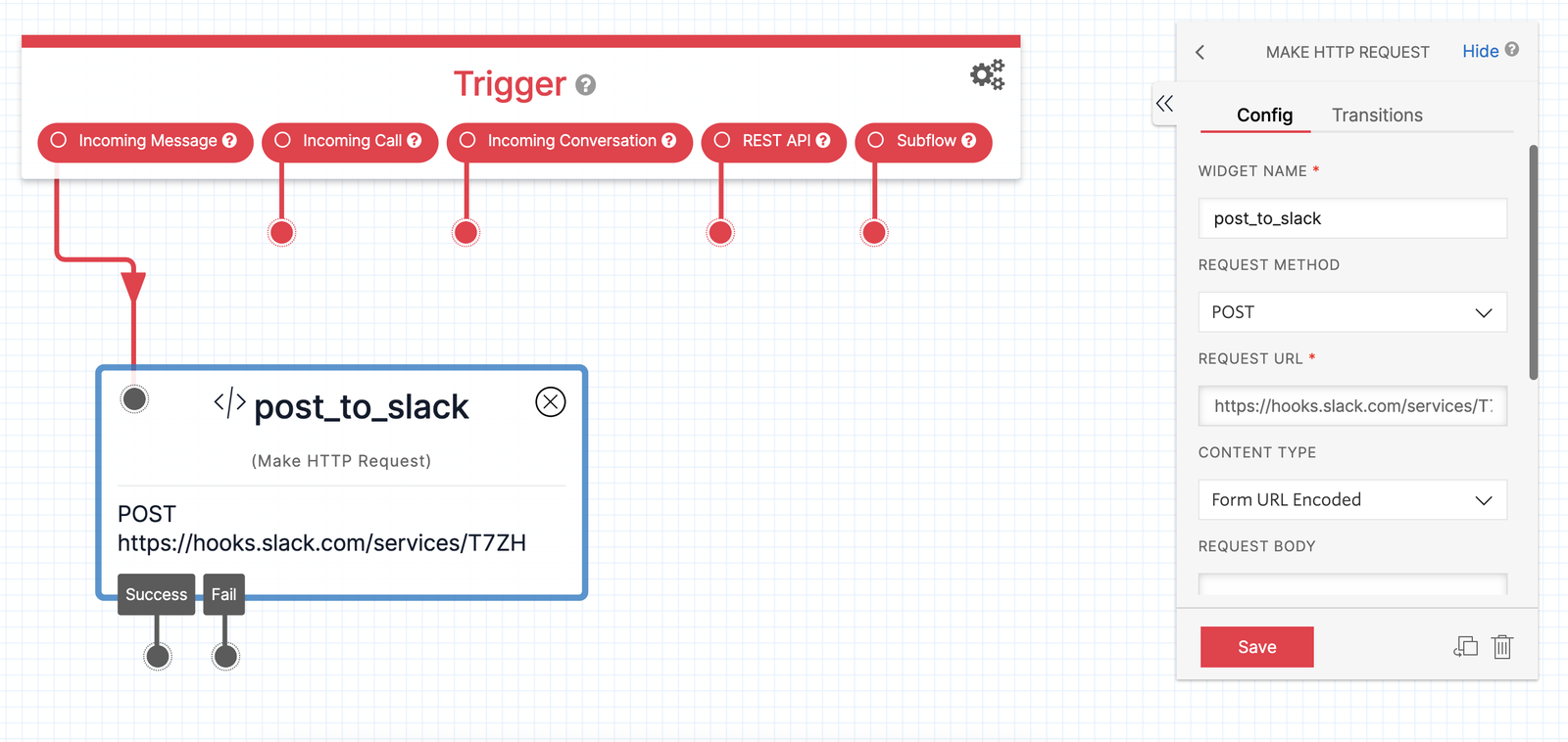 Twilio Studio Tutorial Post to Slack HTTP Request Widget with Webhook shown in configuration panel.