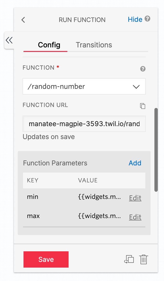 The Run Function Widget connects to a Generate Random Number Function and passes in the min and max values as parameters.