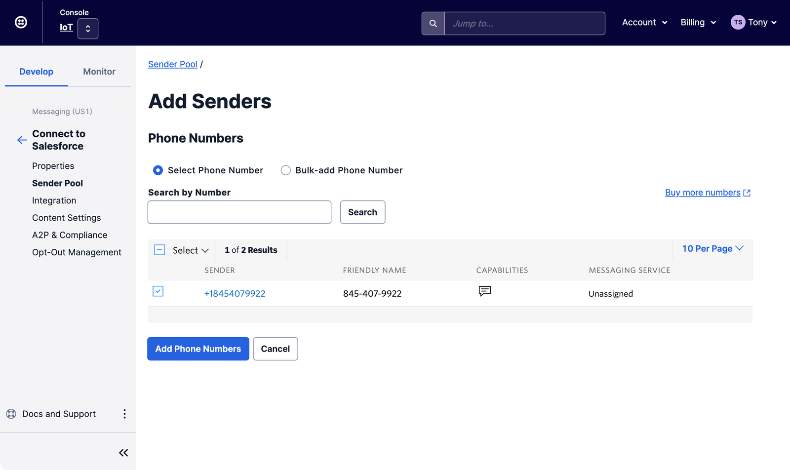 Twilio for Salesforce configure app — select sender number.
