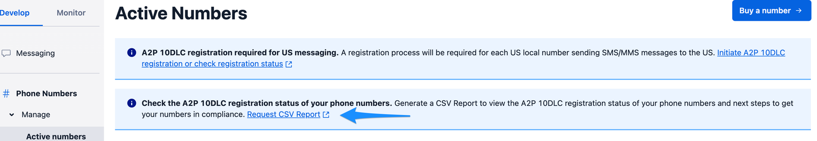 Active Numbers Request CSV link.