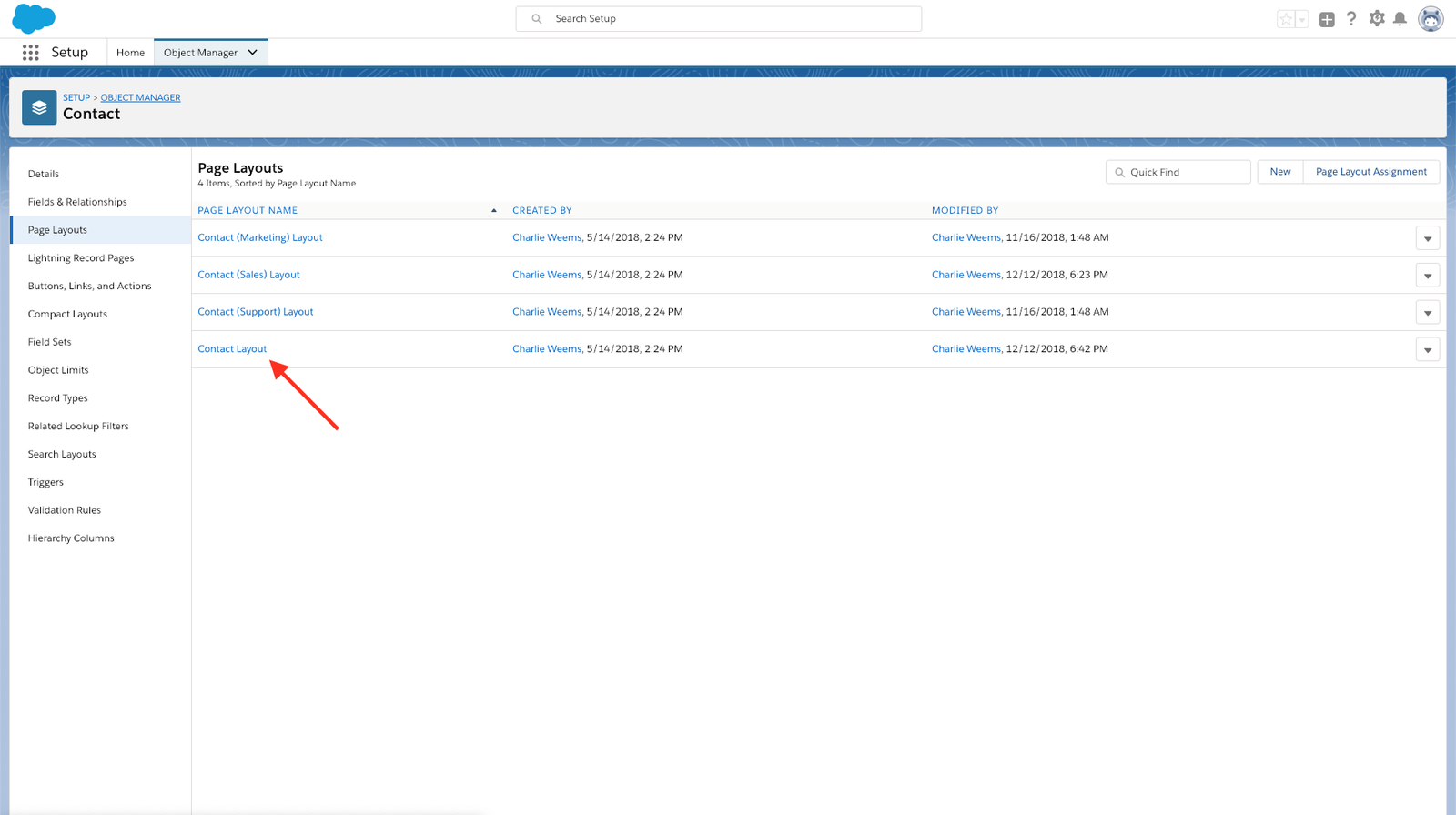 Contact Layout Page Layout for Contacts in Salesforce.