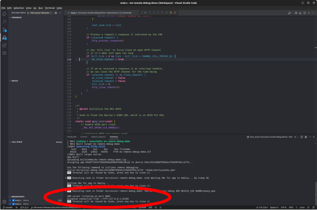Microvisor Remote Debugging with VSCode: look for the GDB server's readiness.