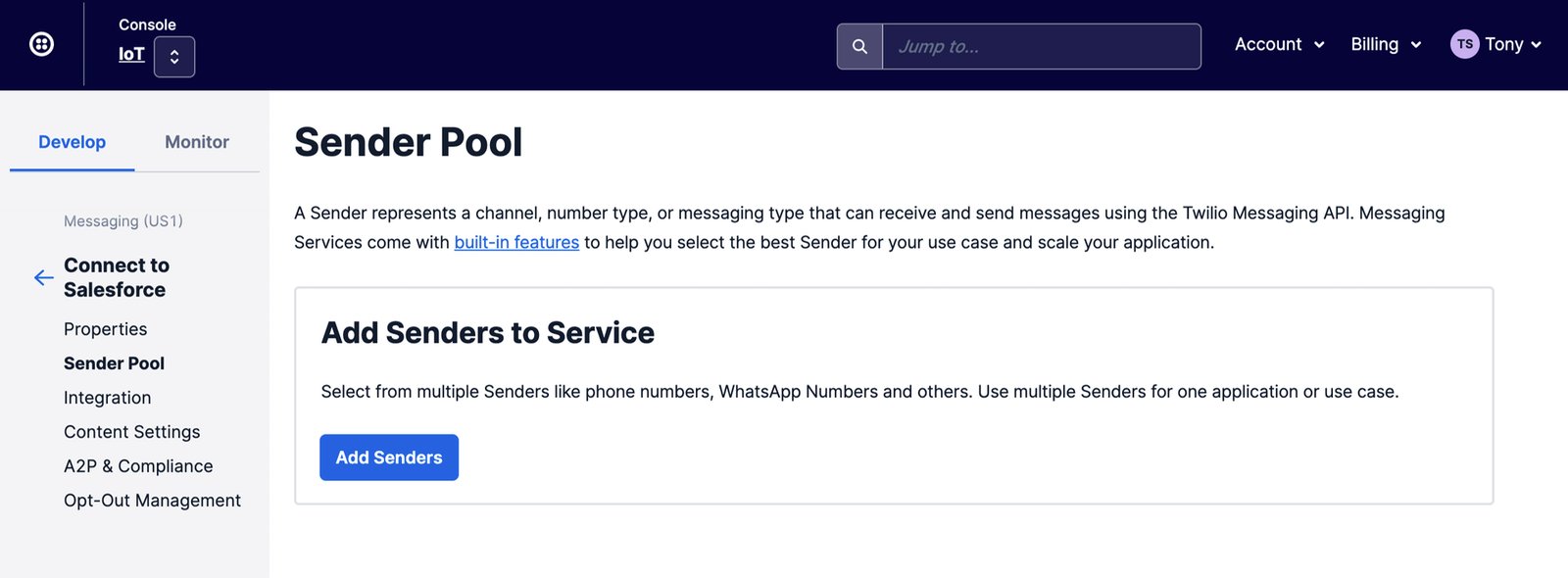 Twilio for Salesforce configure app — add senders to the pool.