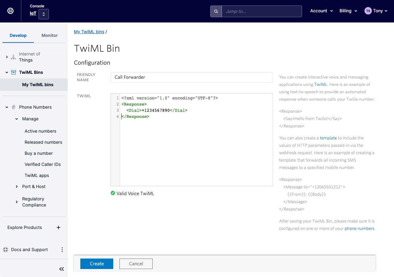 Twilio for Salesforce call forwarding add TwiML.