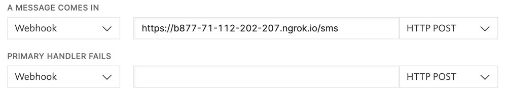Screenshot showing how to configure webhook URL with ngrok URL in console.