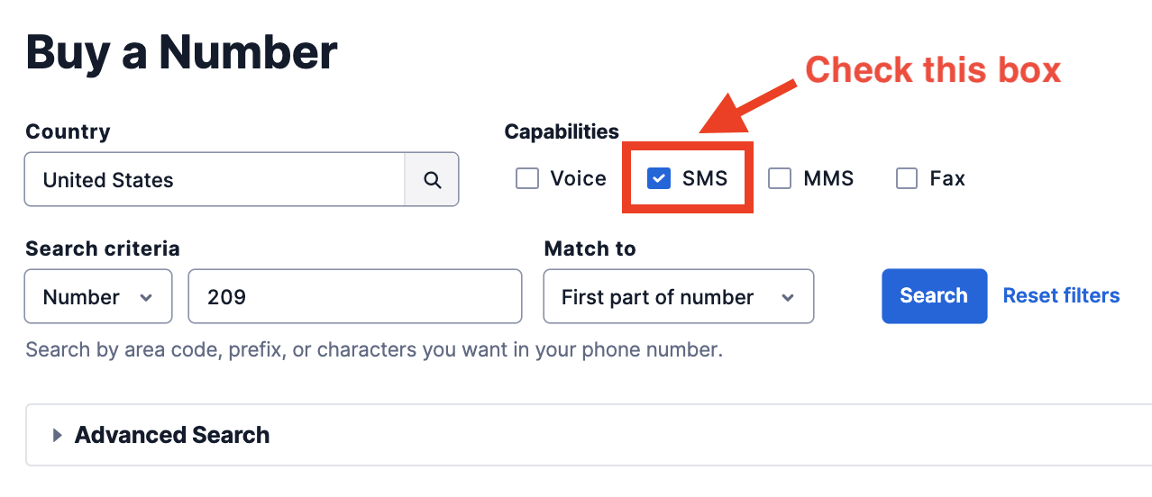 Buy a number with sms capabilities