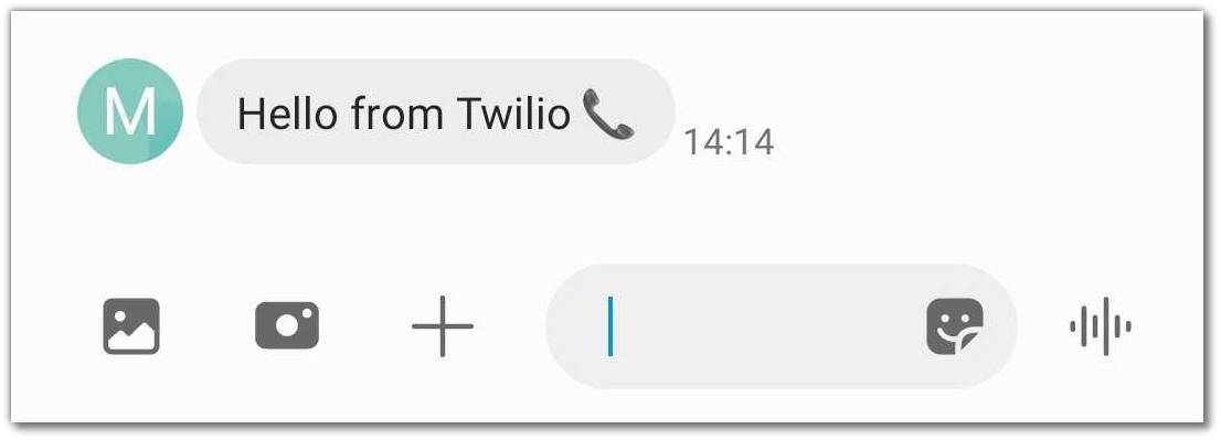 Screenshot of my phone&#x27;s SMS app showing a message that says "Hello from Twilio 📞"