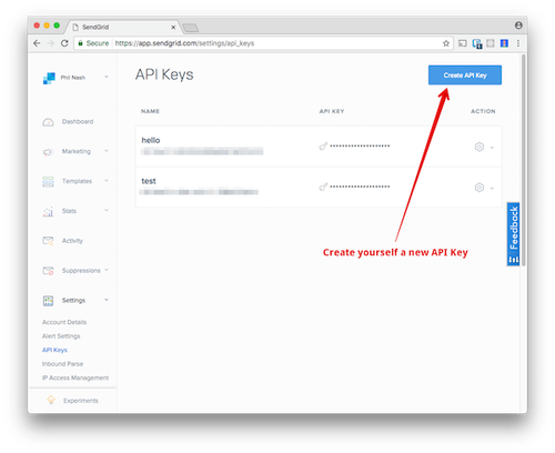 Create a new API key in SendGrid